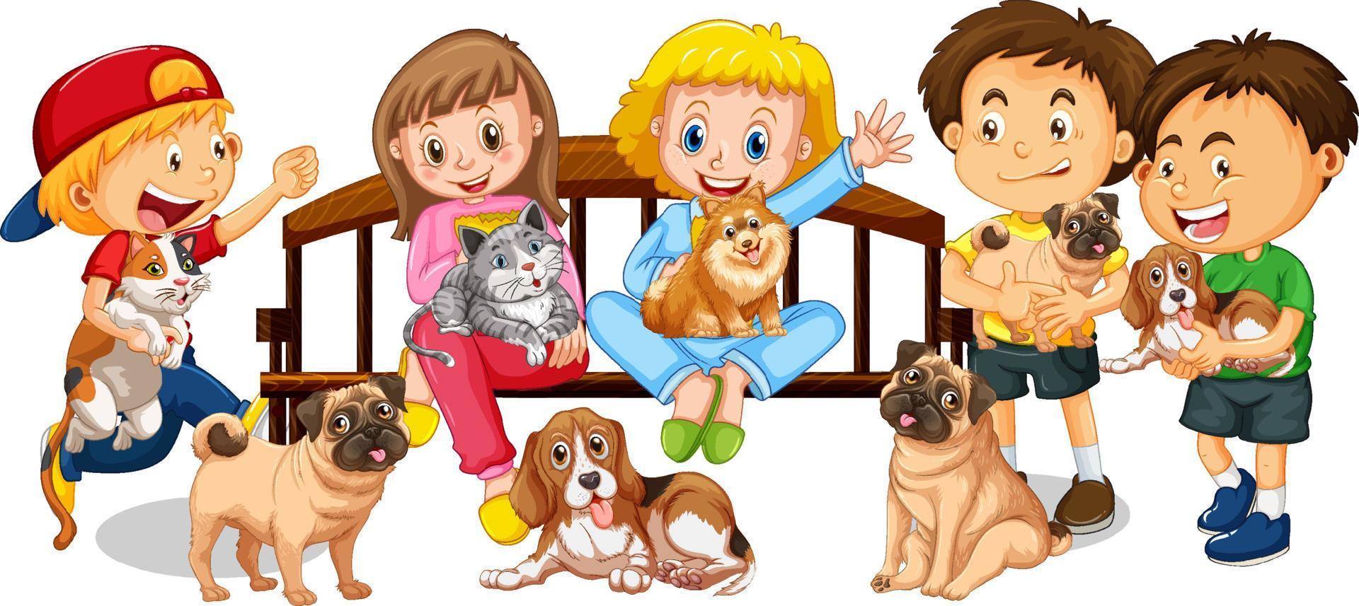 Kids with their dogs and cats on white background vector