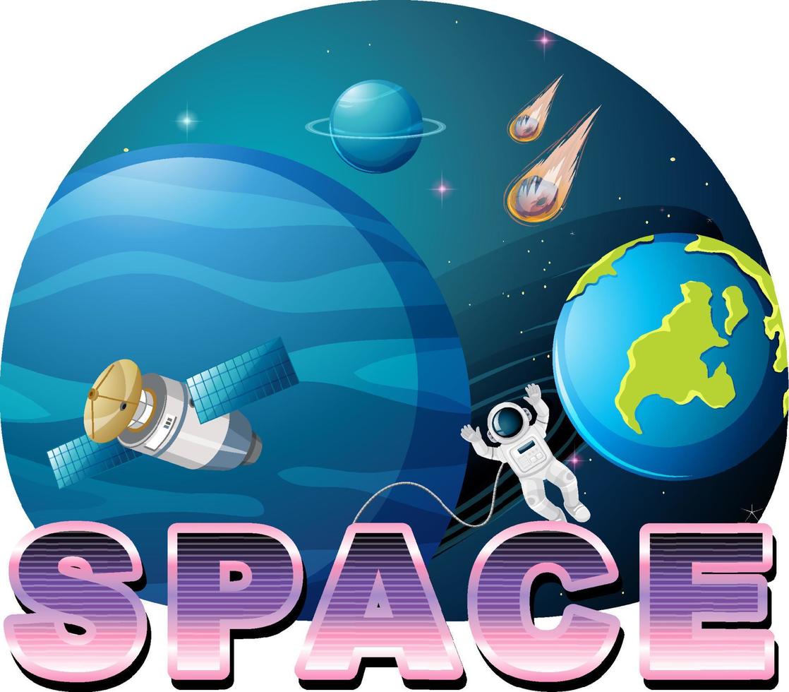 Space word logo design with satellite and astronaut vector