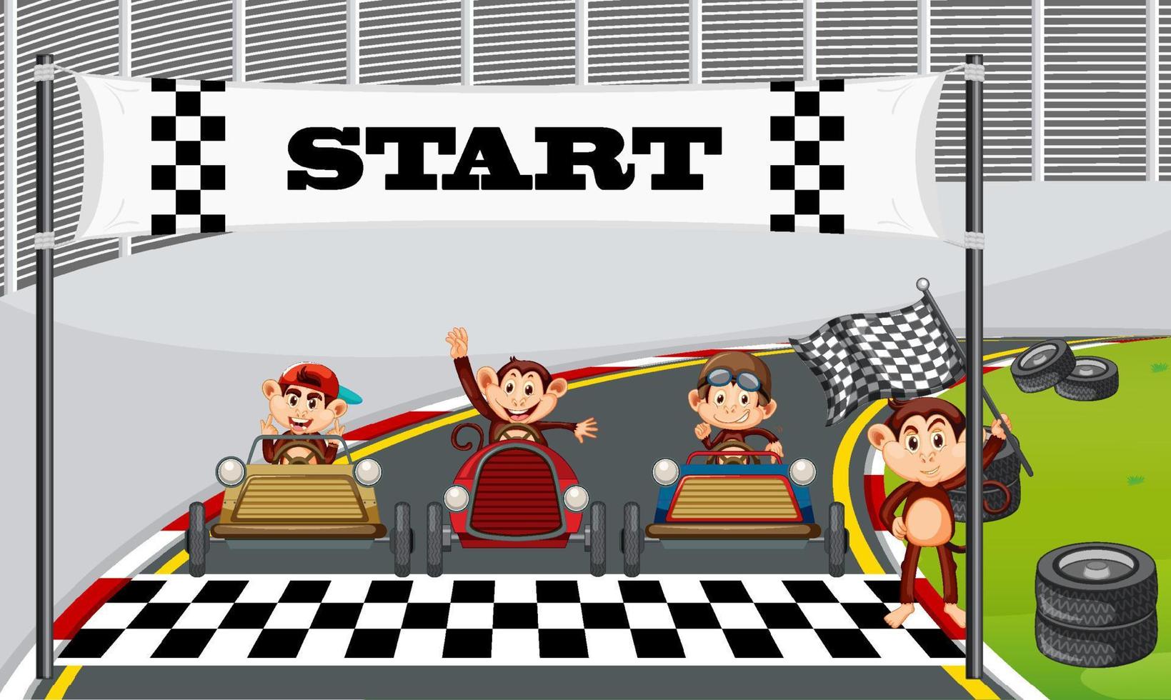 Race track scene with monkey racing drivers vector