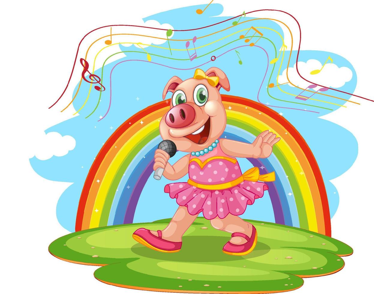 Pig singing cartoon character with rainbow background vector