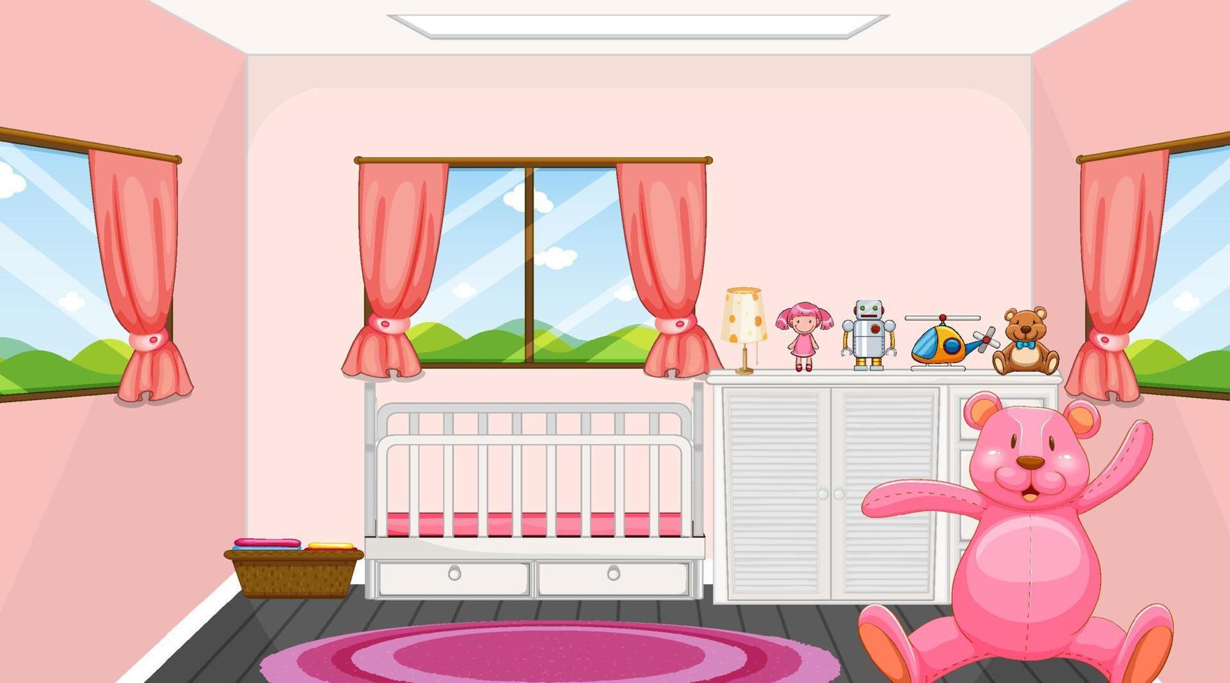 Pink bedroom interior design with furniture for kids vector