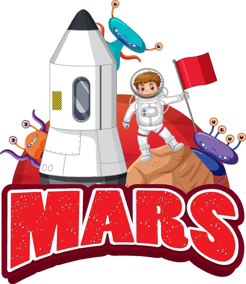 Mars word logo design with Spaceship and Astronaut vector
