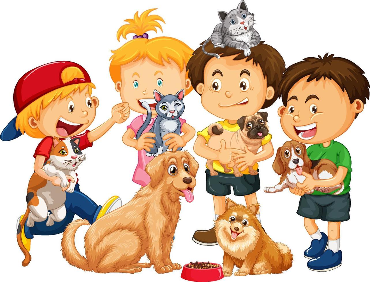 Los niños con sus perros y gatos sobre fondo blanco. vector