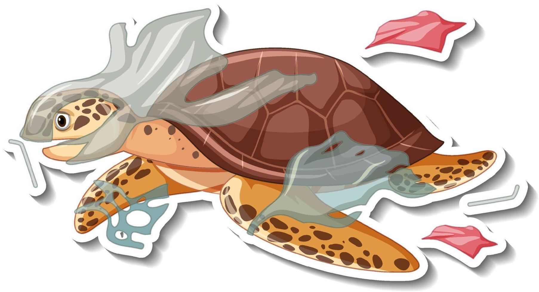 Turtle stuck with plastic trash cartoon sticker vector