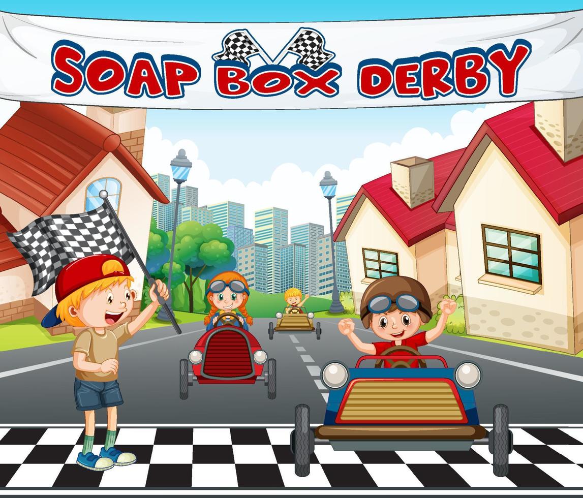 Soap box derby scene with children racing car vector