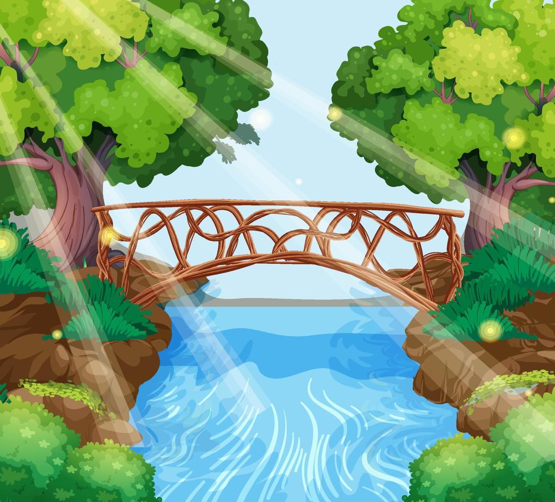 jardín encantado con puente de piedra vector