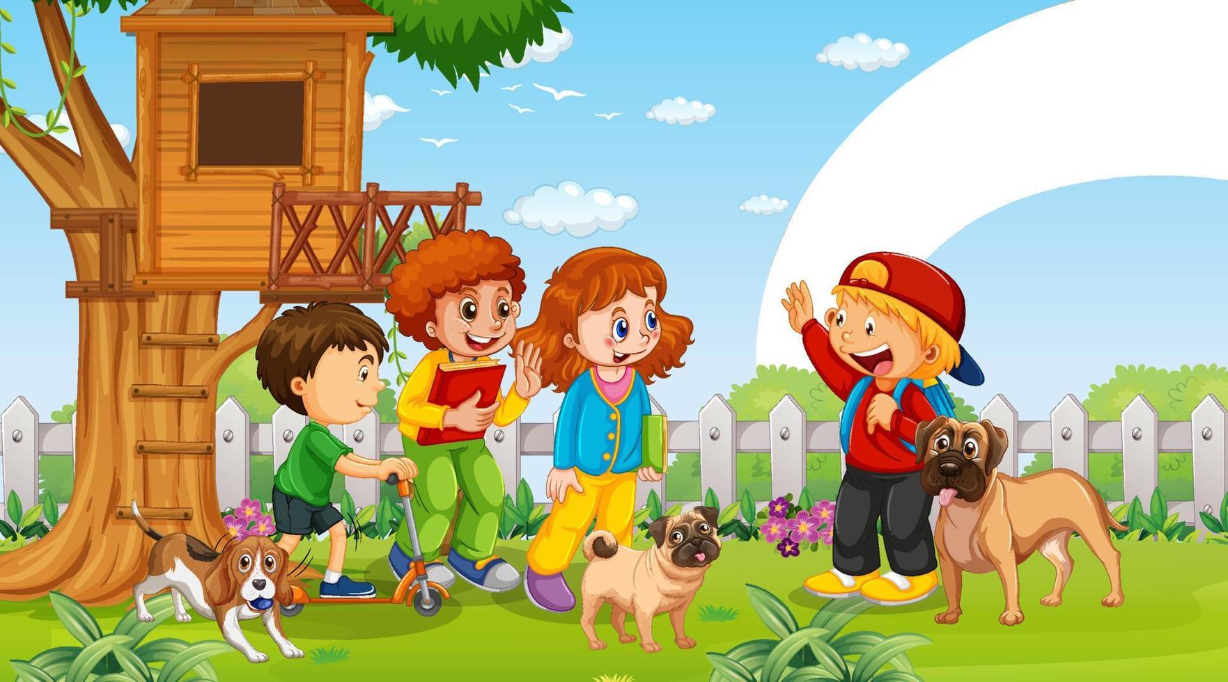 Children playing with their animals at the park vector