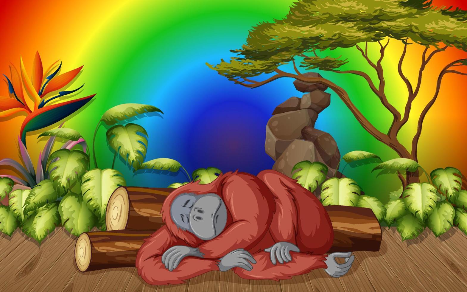 Orangutan cartoon character in the forest on gradient rainbow background vector