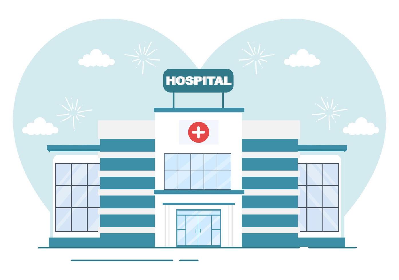 Hospital Building for Healthcare Background Vector Illustration with, Ambulance Car, Doctor, Patient, Nurses and Medical Clinic Exterior