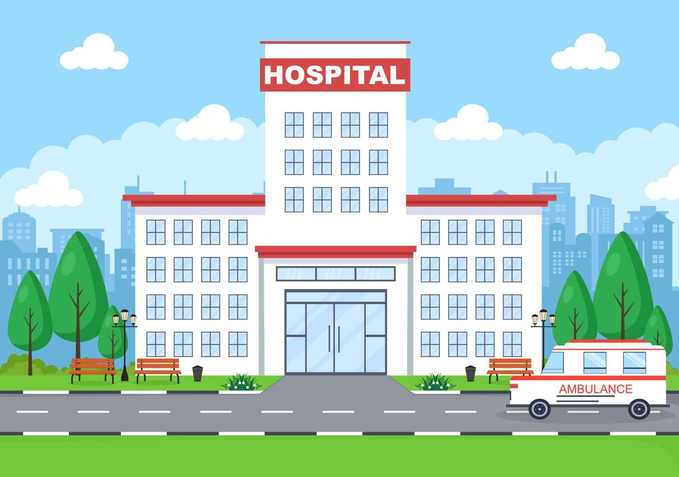 edificio del hospital para la ilustración de vector de fondo de atención médica con ambulancia, médico, paciente, enfermeras y exterior de la clínica médica