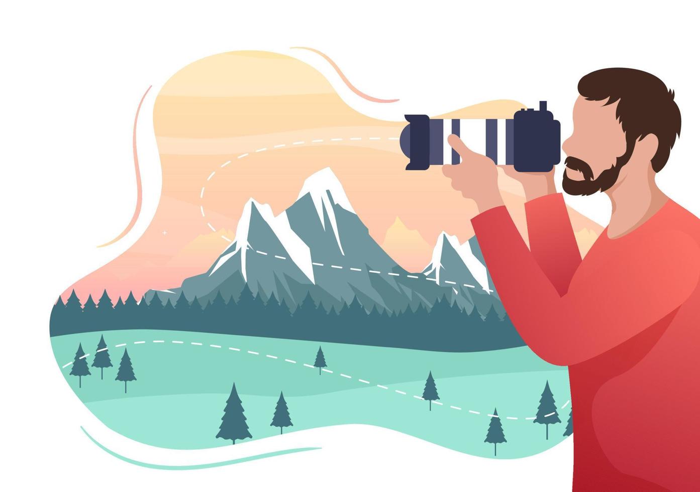 Photographer Flat Design with Professional Camera to Photo the Landscape Mountain and Nature in Cartoon Style Vector Illustration