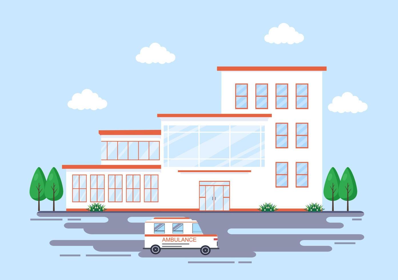 Hospital Building for Healthcare Background Vector Illustration with, Ambulance Car, Doctor, Patient, Nurses and Medical Clinic Exterior