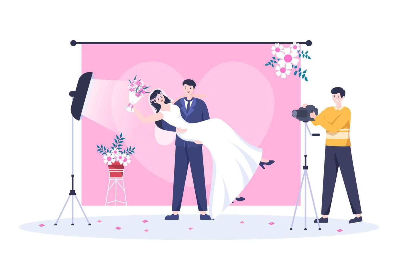 diseño plano de la foto del estudio de la boda. Fotógrafo disparando modelo hombre y mujer con un tema de boda o una pareja nupcial usan la cámara en la ilustración de vector de estilo de dibujos animados