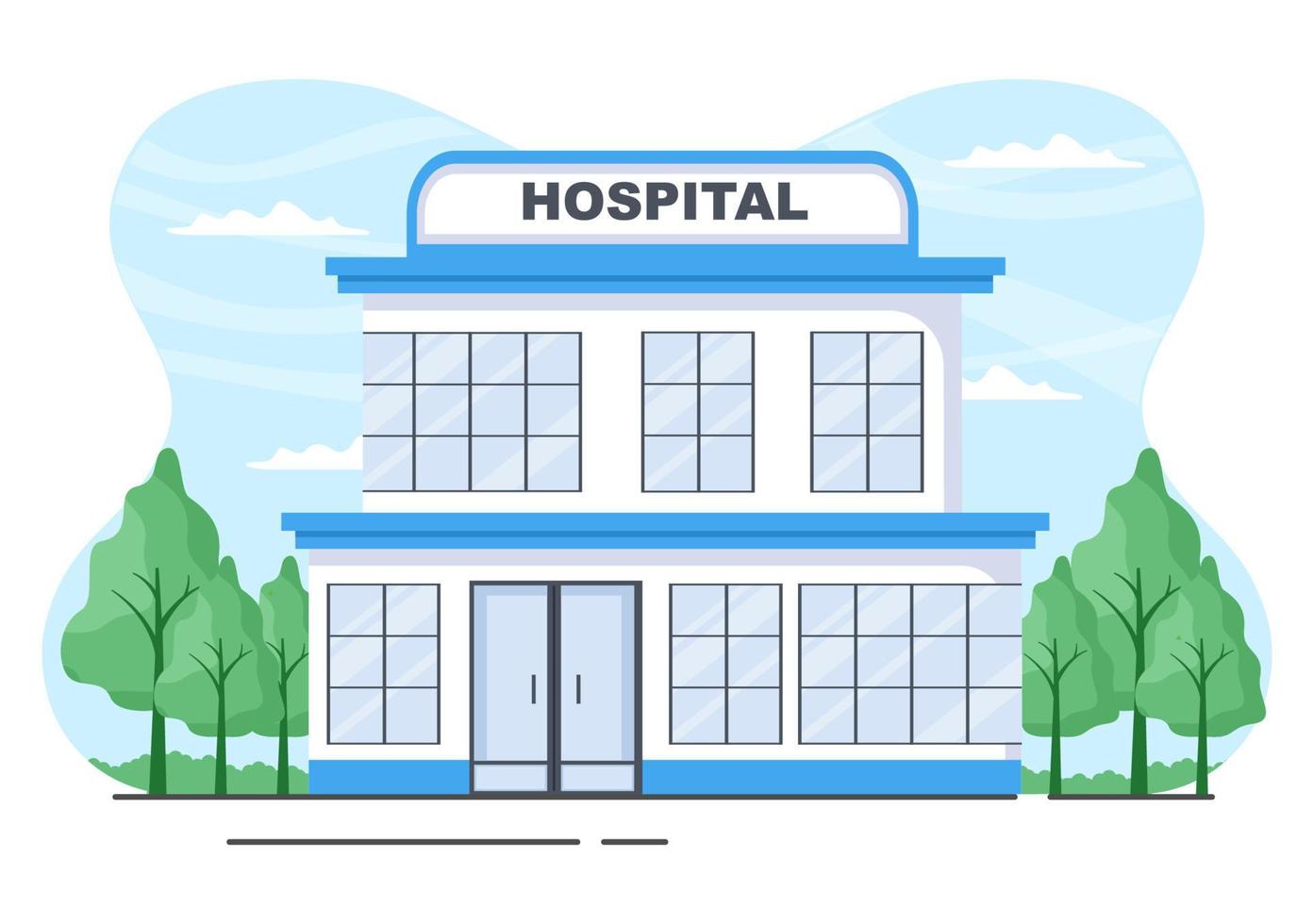 Hospital Building for Healthcare Background Vector Illustration with, Ambulance Car, Doctor, Patient, Nurses and Medical Clinic Exterior