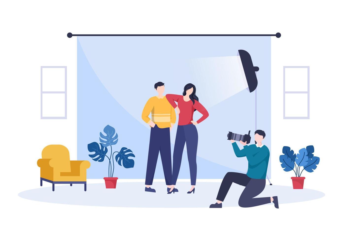 Wedding Studio Photo Flat Design. Photographer Shooting Model Man and Women with a Wedding Theme or Bridal Couple use Camera in Cartoon Style Vector Illustration