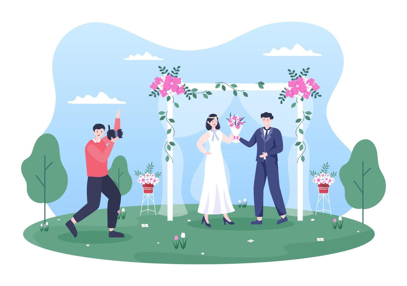 diseño plano de la foto del estudio de la boda. Fotógrafo disparando modelo hombre y mujer con un tema de boda o una pareja nupcial usan la cámara en la ilustración de vector de estilo de dibujos animados