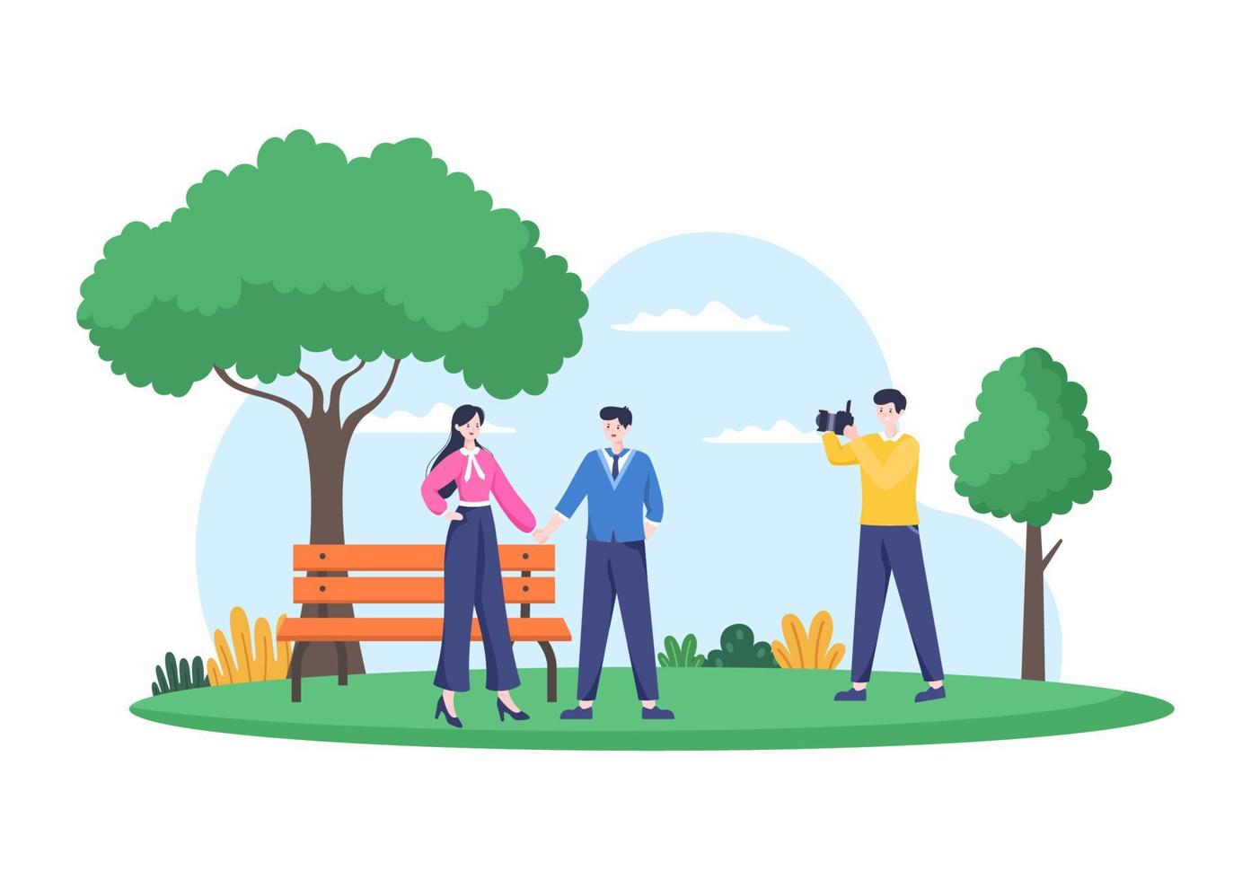 Photographer Flat Design with Professional Camera Photographing Couple in Park. Cartoon Style Vector Illustration