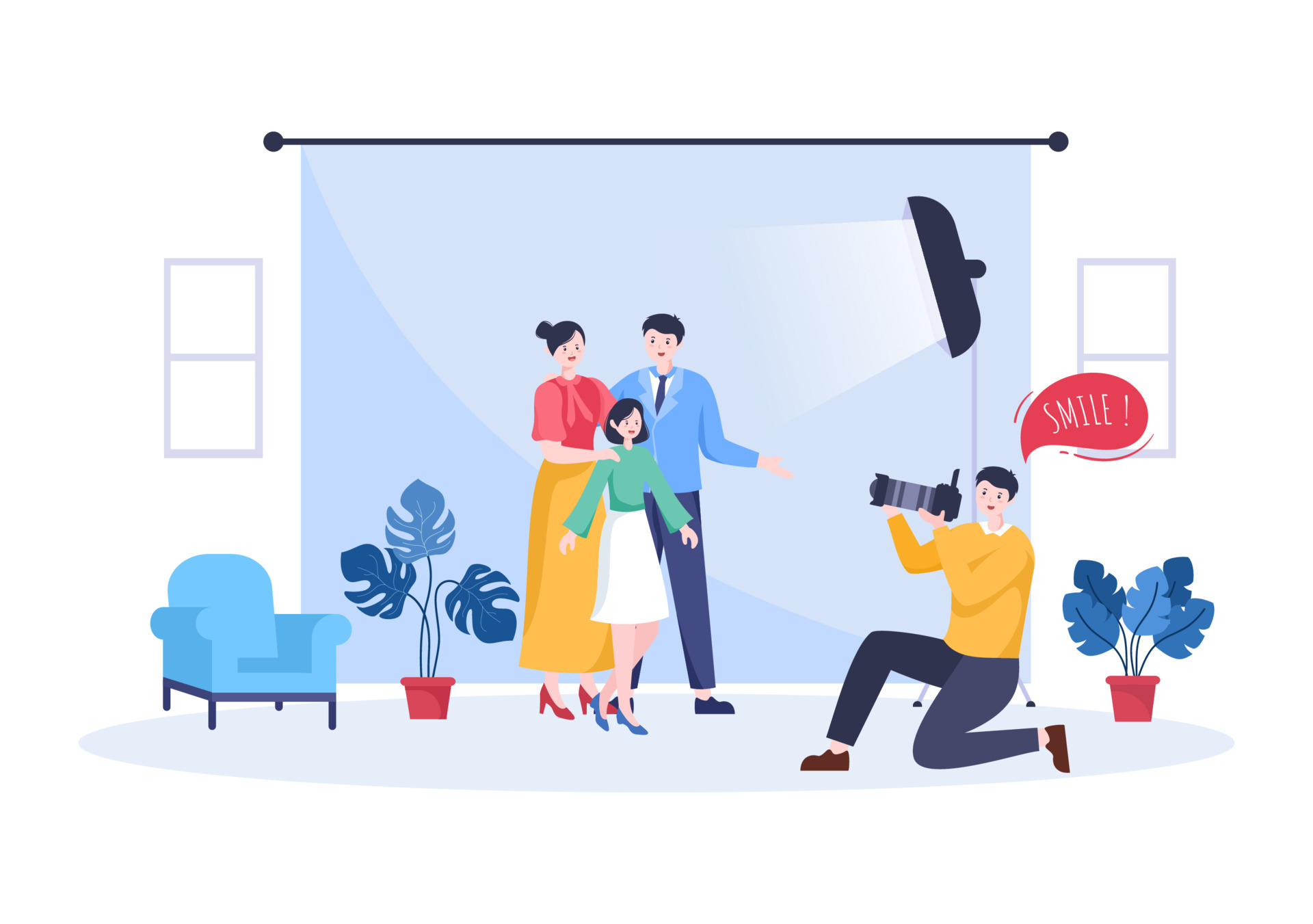 Family Studio Photo Flat Design. Photographer Shooting Model Father, Mother  and Son Making Photoshoot use Camera. Cartoon Style Vector Illustration  4493208 Vector Art at Vecteezy