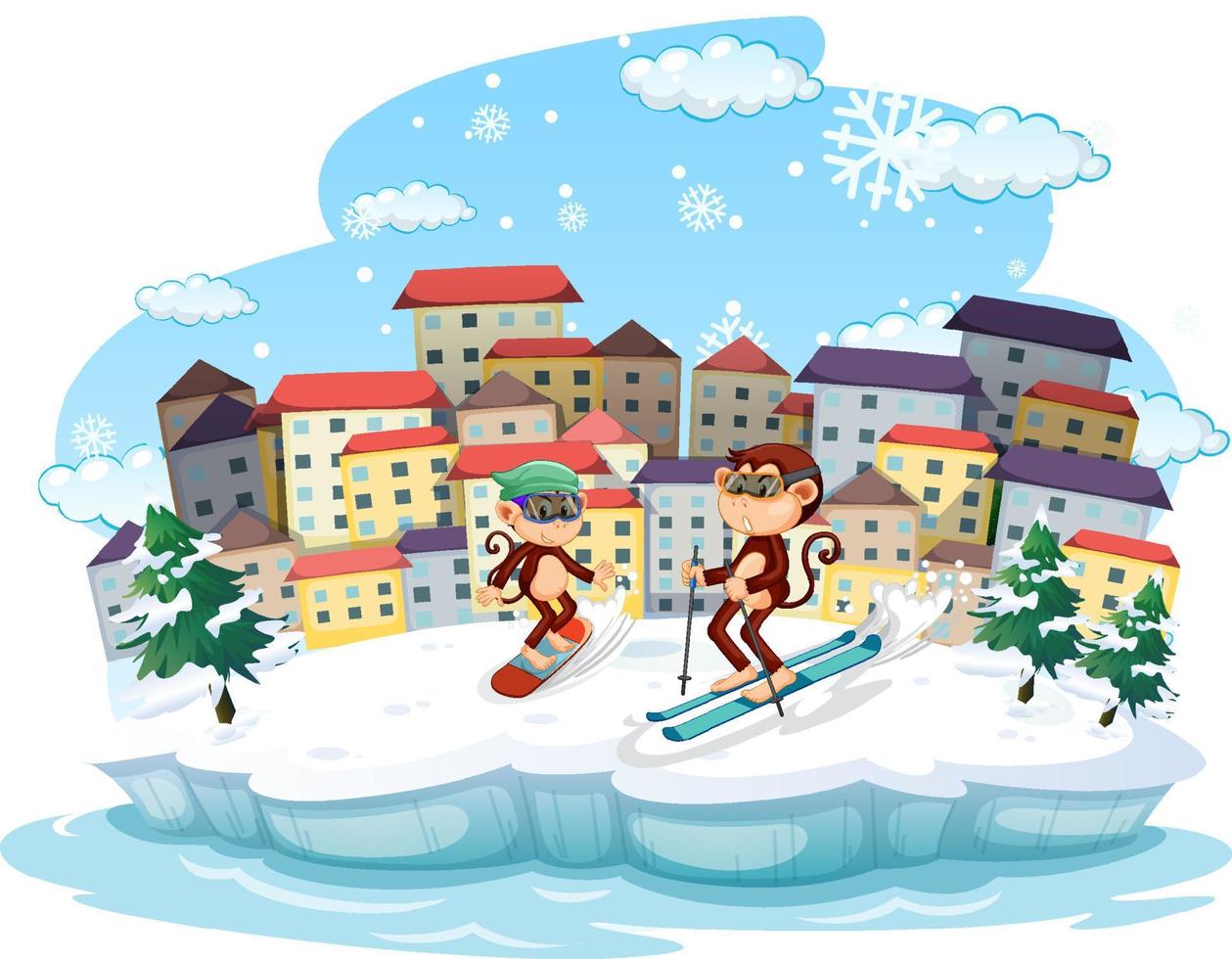 Monkey skiing in the snow at daytime scene vector