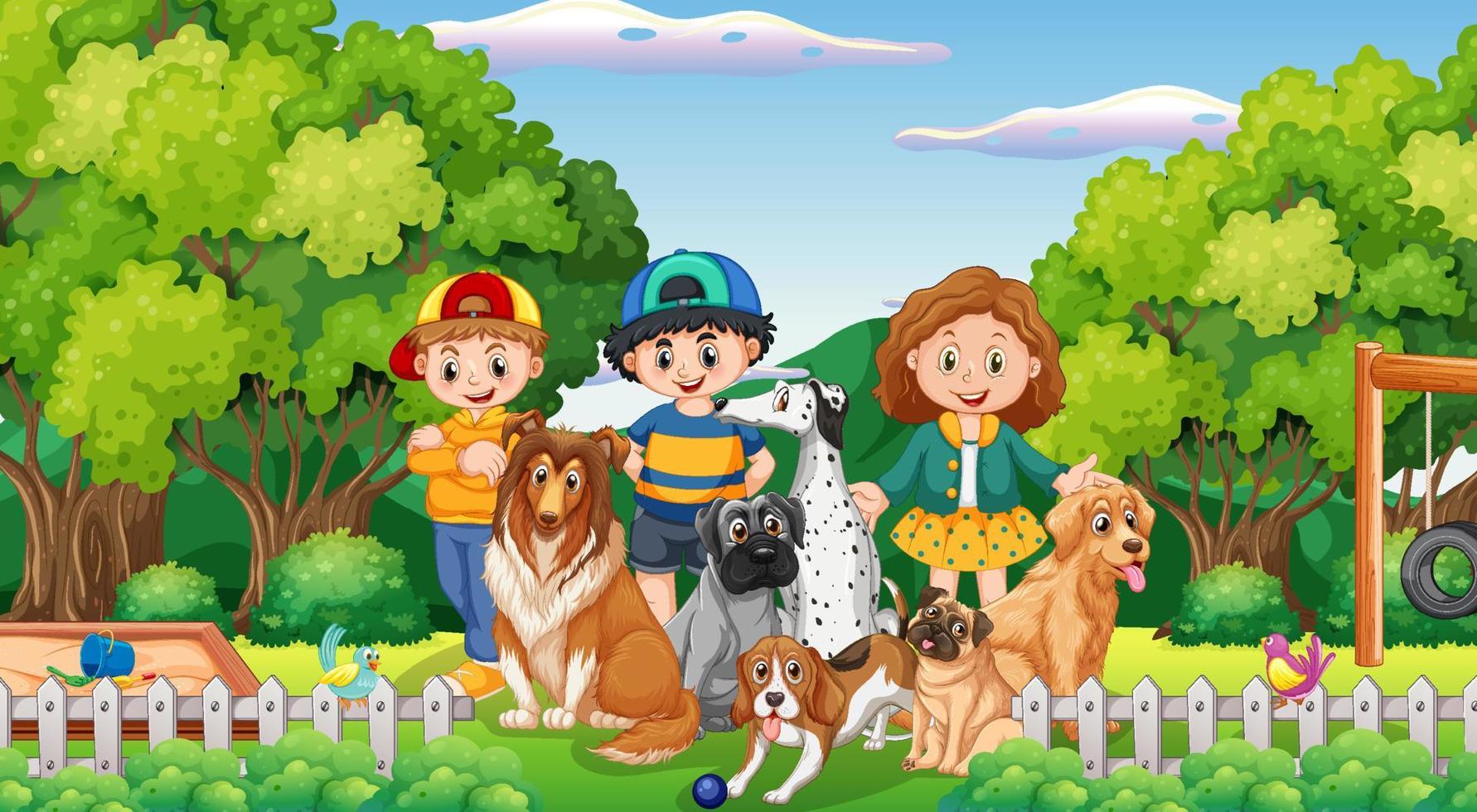 Park scene with children playing with their dogs vector