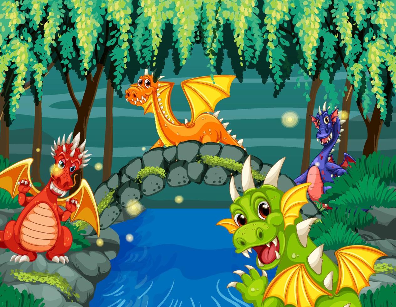 Dragons in enchanted forest background vector