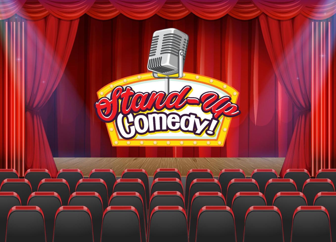 Stand up comedy banner con fondo de cortinas rojas de escenario vector