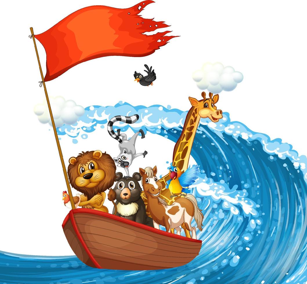 animales salvajes en el barco con olas del mar. vector
