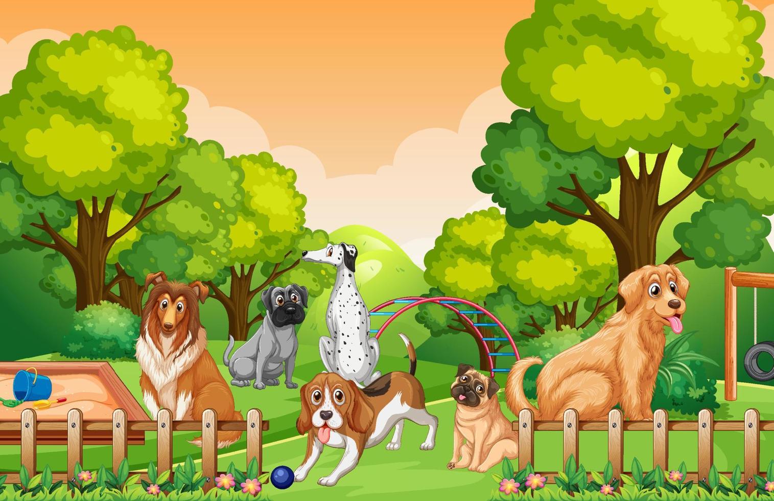 Escena de la naturaleza del parque con muchos perros diferentes. vector