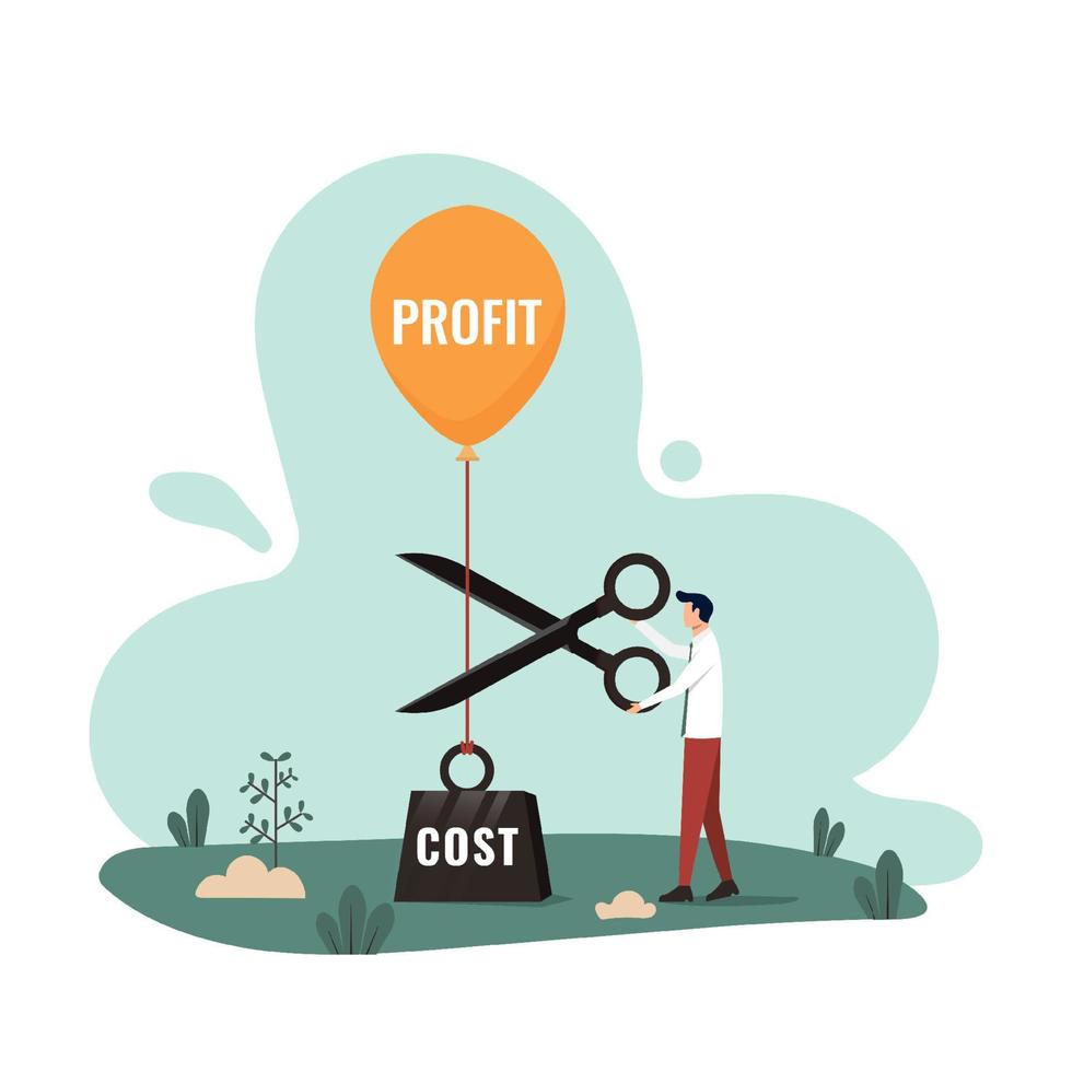 Cost reduction, cut expense to increase profit. improve business profitability by reduce spending. businessman using scissors to cut heavy cost burden and let profit run vector