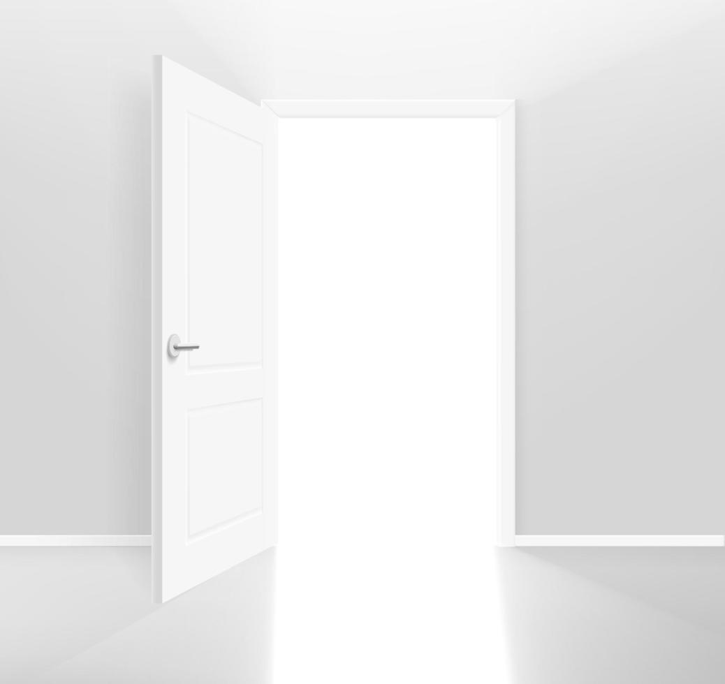 Opened door with shining way. Realistic 3d style vector banner with copy space