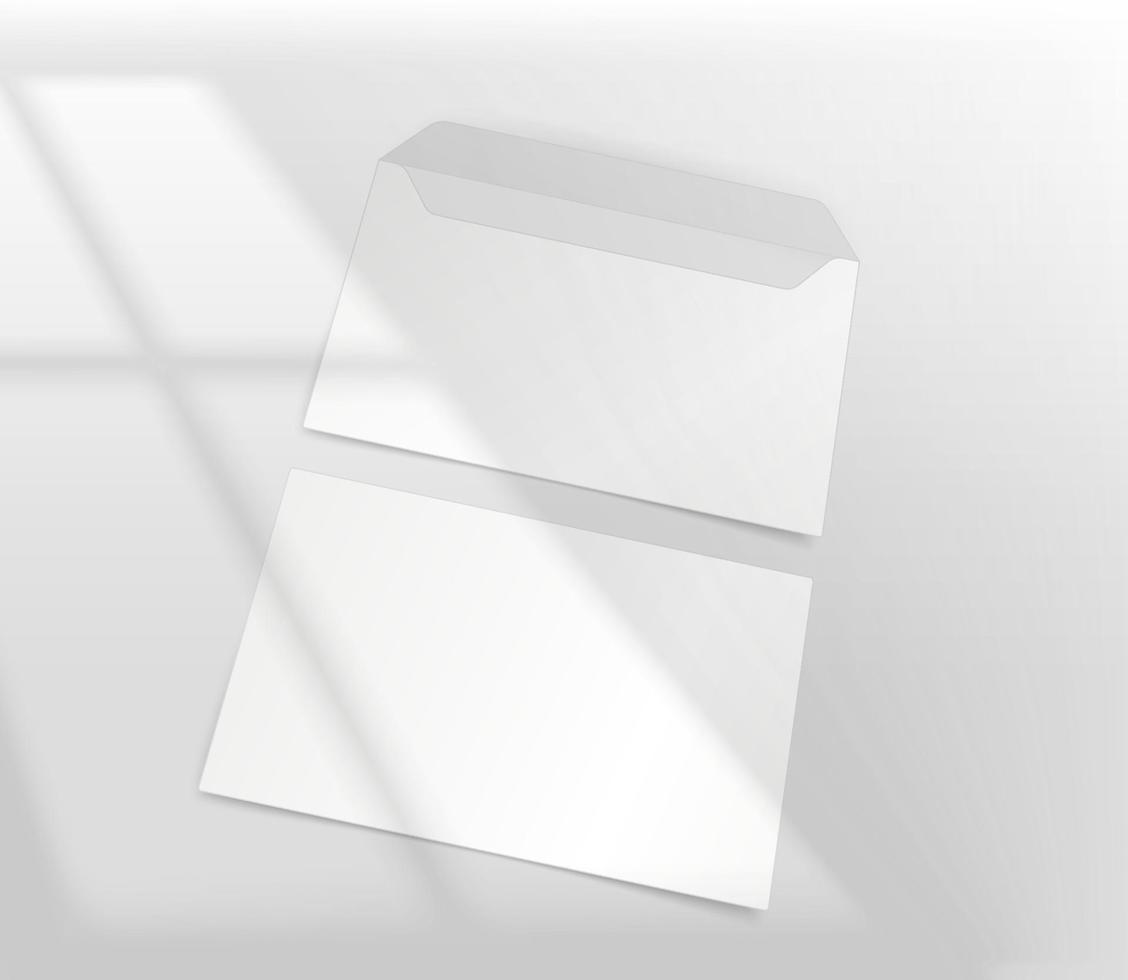 White paper envelope on a table with light of the window shadow overlay. Realistic vector mockup with sun flare effect