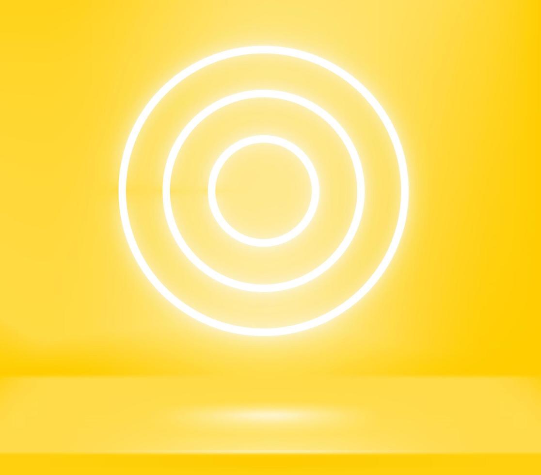 Bright yellow interior with circle neon glowing lamps. Realistic 3d style vector illustration