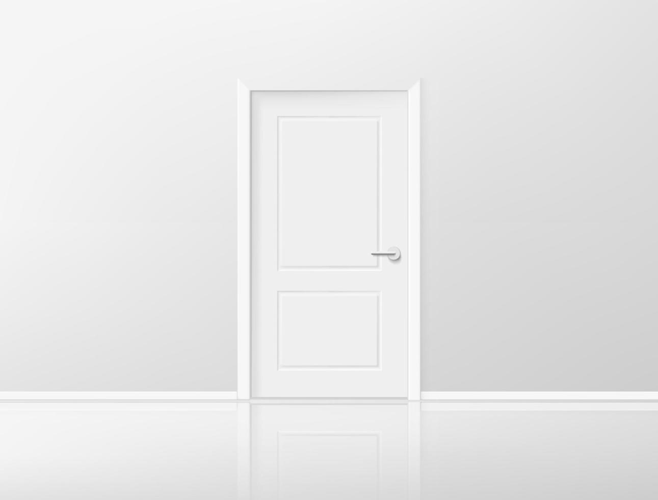 Closed door in bright interior with mirror on a floor. Realistic 3d style vector illustration