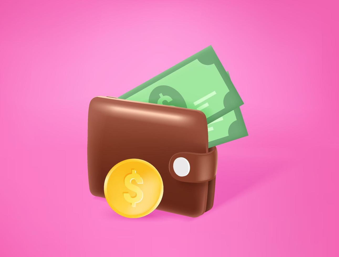 Leather wallet with money. 3d style vector illustration