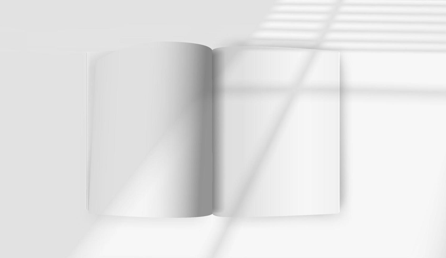 maqueta de libro abierto blanco con efecto de destello de sol. luz de la ventana con persianas vector
