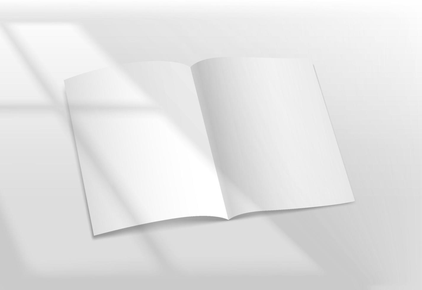 White opened book on a table with sun light from the window. Realistic vector mockup with sun flare effect