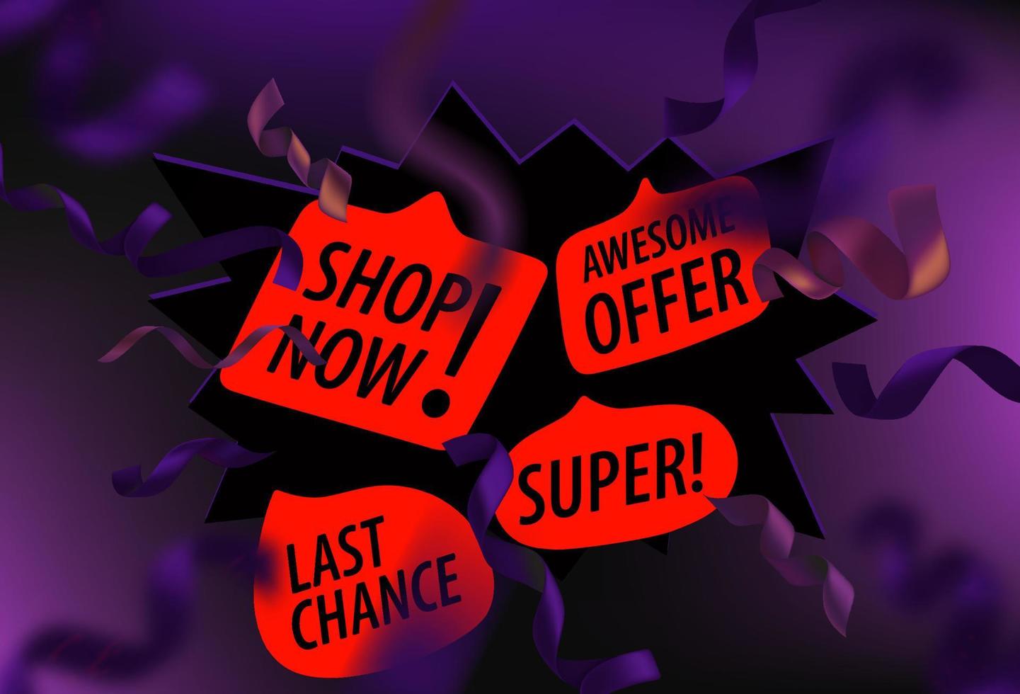 Super sale concept. Explotion effect with dirrerent shopping labels vector