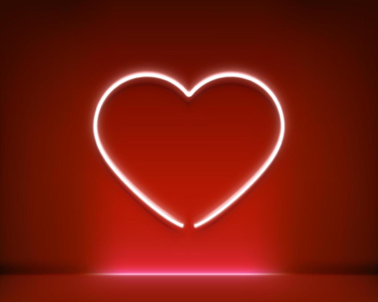 forma de corazón brillante de neón en interior rojo oscuro. Ilustración de vector realista de estilo 3d