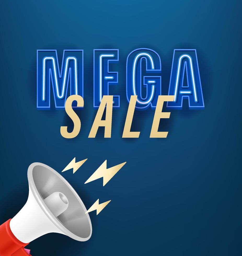 Mega sale announce banner. Cute cartoon 3d style vector illustration