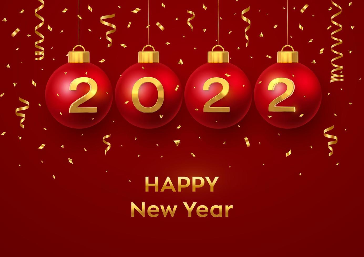 Happy New Year 2022. Hanging Red Christmas bauble balls with realistic golden 3d numbers 2022 and glitter confetti. Greeting card. Holiday Xmas and New Year poster, banner, flyer. Vector Illustration