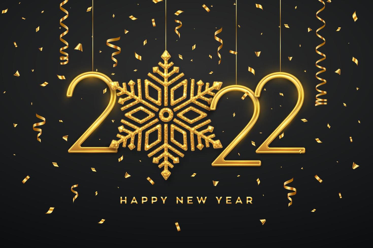 feliz año nuevo 2022. Colgando números metálicos dorados 2022 con copo de nieve brillante y confeti sobre fondo negro. tarjeta de felicitación de año nuevo o plantilla de banner. decoración navideña. ilustración vectorial. vector