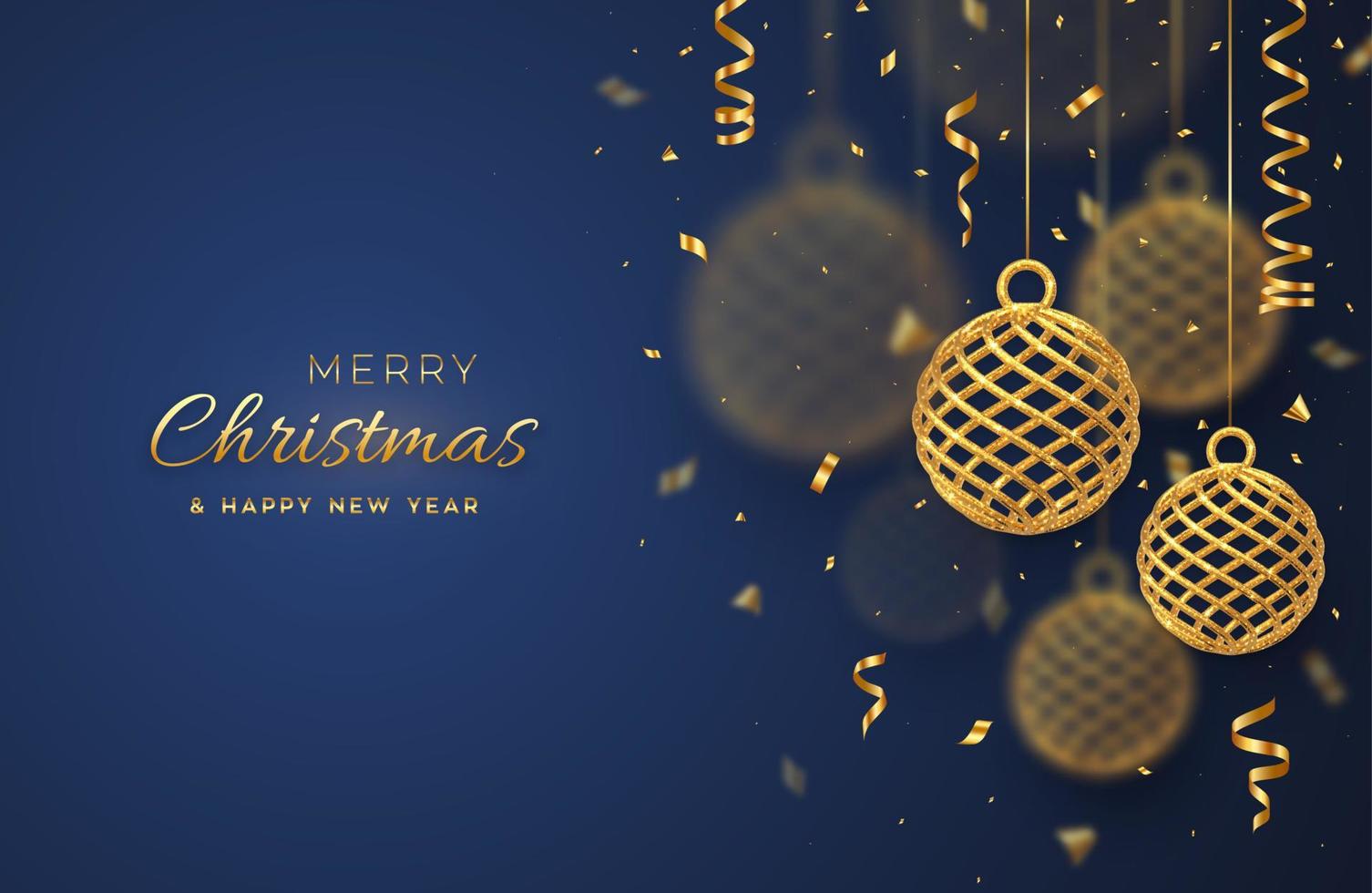 Christmas balls. 3D Realistic hanging golden metallic balls with falling confetti on blue background. Greeting card. New Year, Merry Christmas. Shining decoration hanging baubles. Vector illustration.