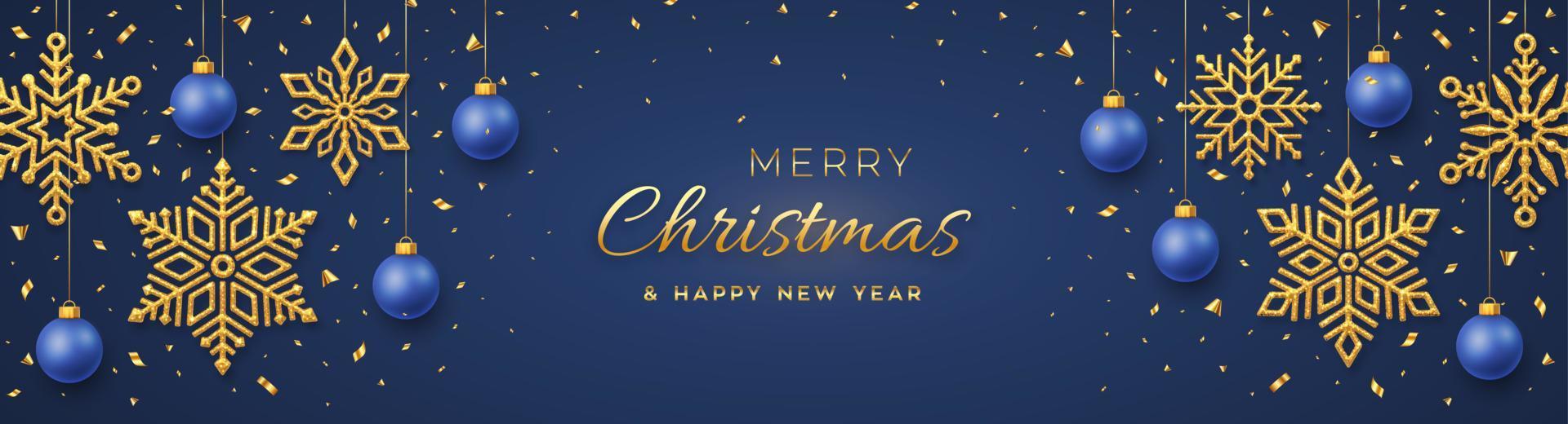 Christmas blue background with hanging shining golden snowflakes and balls. Merry christmas greeting card. Holiday Xmas and New Year poster, web banner. Vector Illustration.