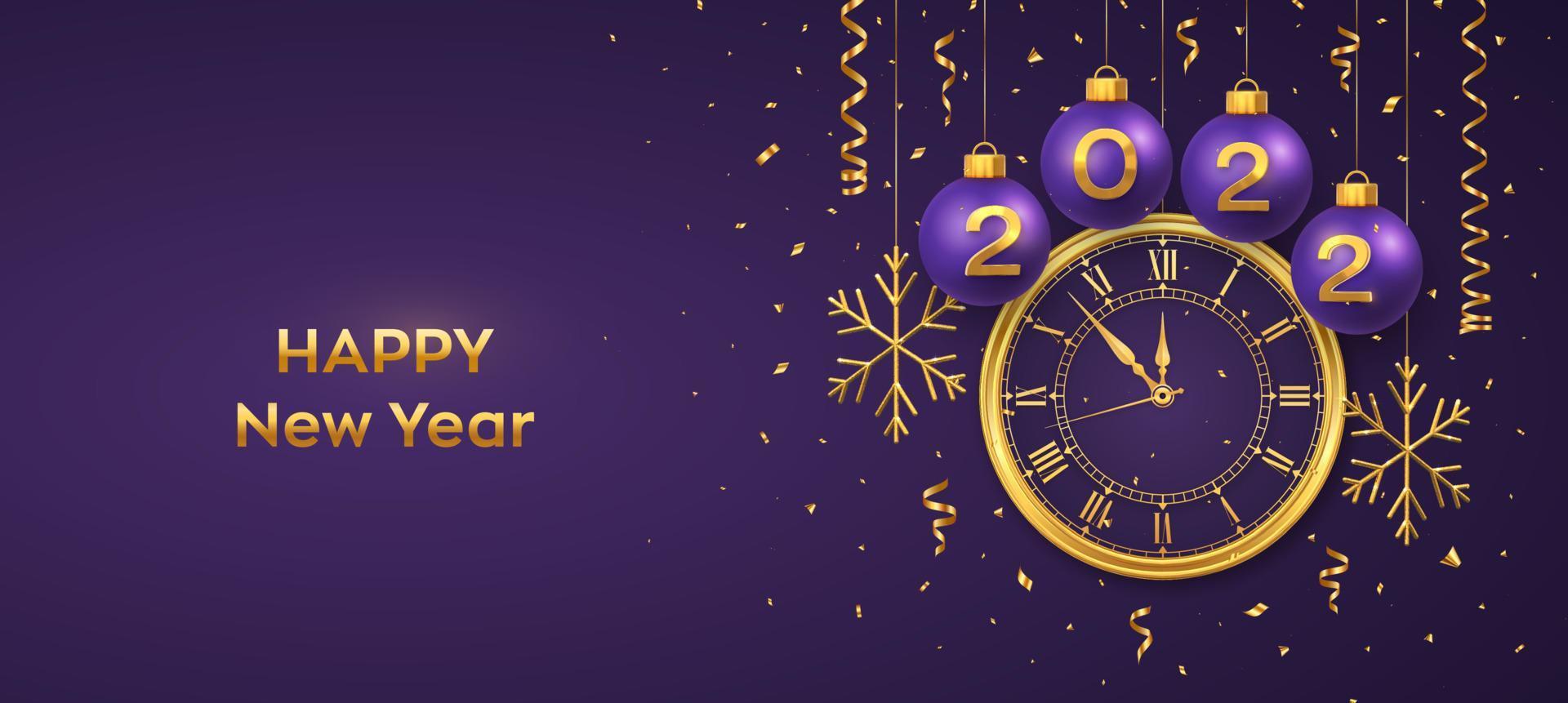 Christmas 2022 Clock Countdown Happy New Year 2022. Hanging Purple Christmas Bauble Balls With Realistic  Gold Numbers 2022 And Snowflakes. Watch With Roman Numeral And Countdown  Midnight, Eve For New Year. Merry Christmas. Vector. 4493985 Vector