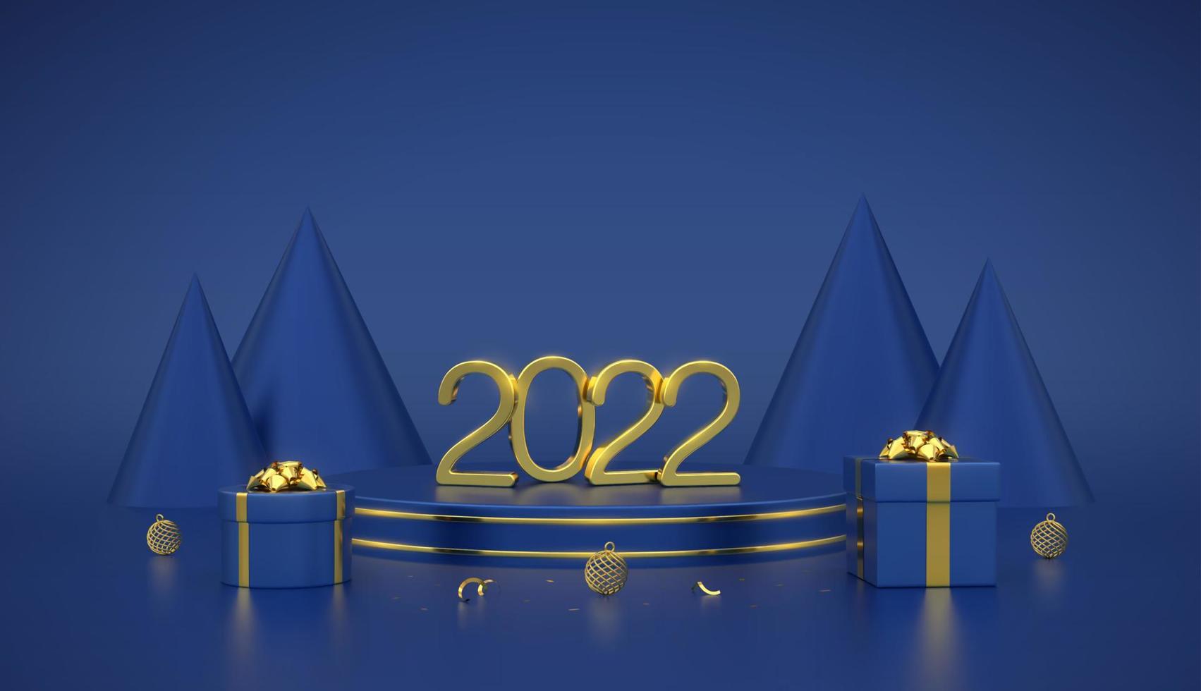 Happy New 2022 Year. 3D Golden metallic numbers 2022 with gift boxes and balls on stage podium. Scene, 3D round platform with gold circle and cone shape pine or spruce trees on blue background. Vector