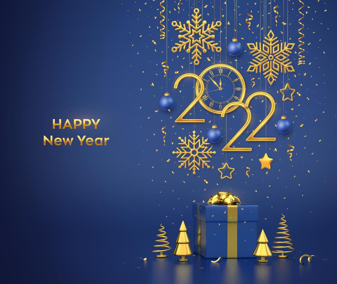 Happy New 2022 Year. Gold metallic numbers 2022 and watch with Roman numeral and countdown midnight, eve for New Year. Gift box and golden metallic pine or fir, cone shape spruce trees. Vector. vector