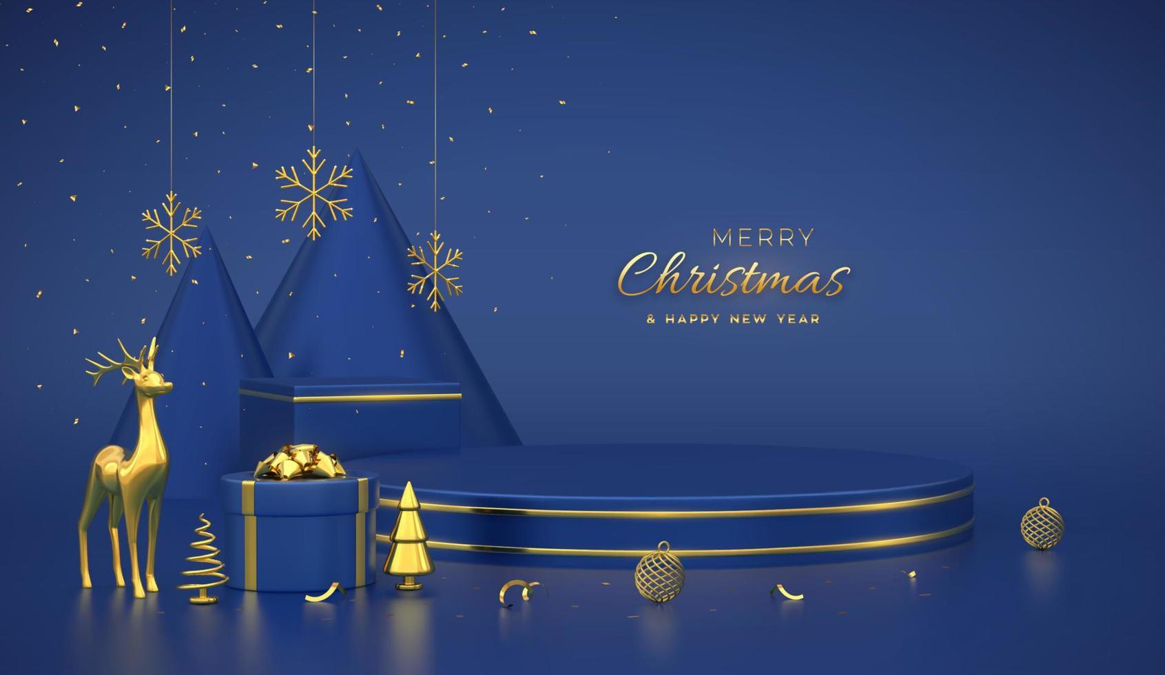 Christmas Scene and 3D round and cube platform on blue background. Blank Pedestal with deer, snowflakes, balls, gift boxes, golden metallic cone shape pine, spruce trees. Vector illustration.