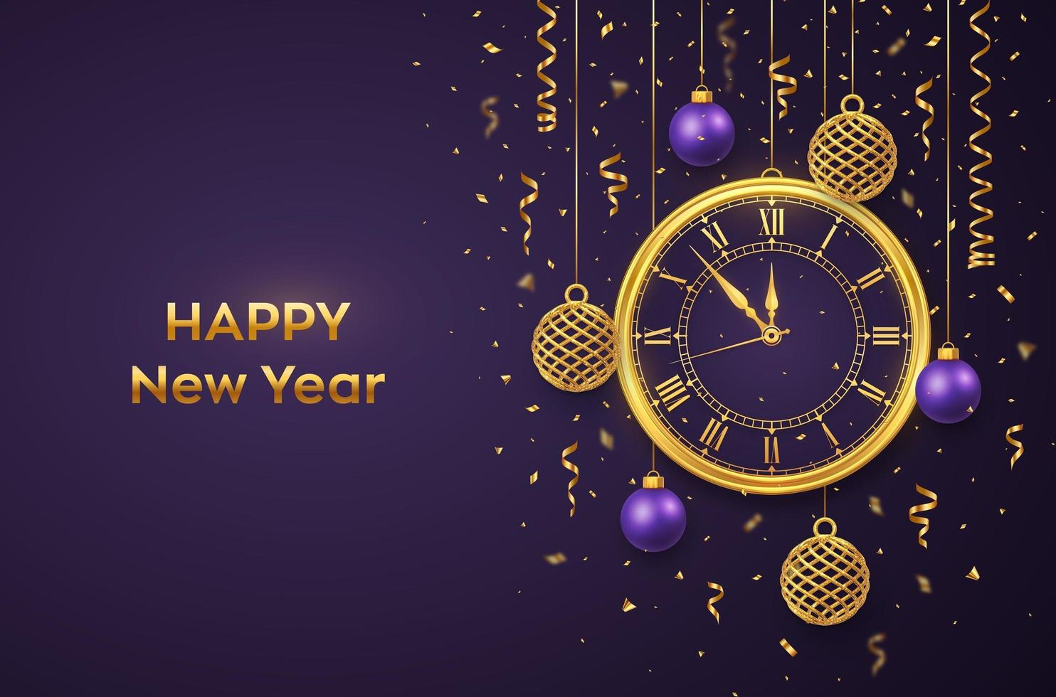 feliz año nuevo 2022. reloj dorado brillante con números romanos y cuenta regresiva de medianoche, víspera de año nuevo. fondo con brillantes bolas doradas y púrpuras. Feliz Navidad. vacaciones de navidad. ilustración vectorial. vector