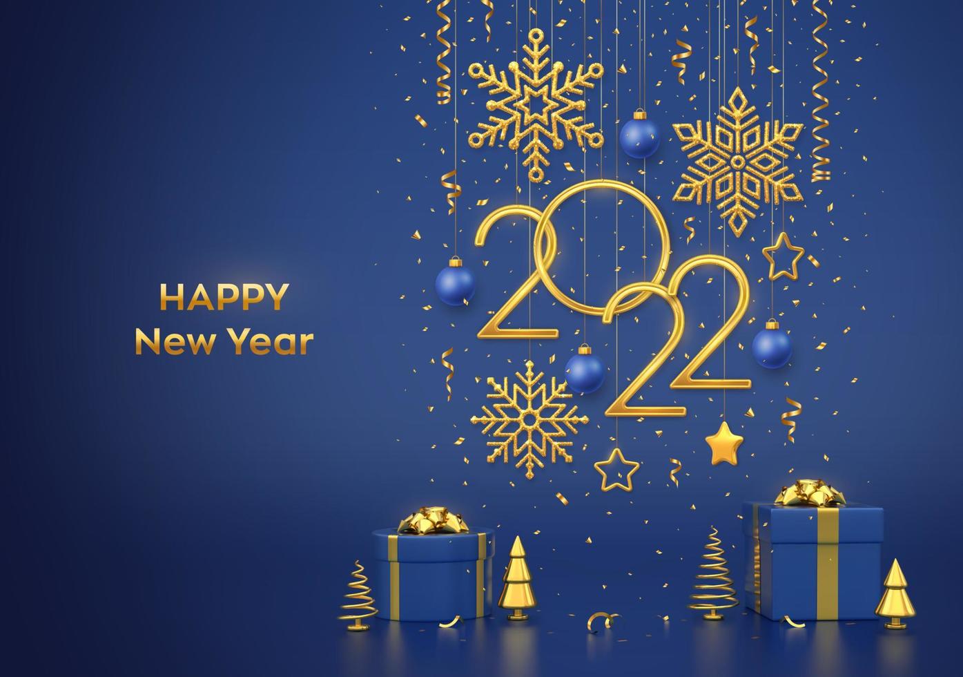 Happy New 2022 Year. Hanging golden metallic numbers 2022 with snowflakes, stars and balls on blue background. Gift boxes and golden metallic pine or fir, cone shape spruce trees. Vector illustration.