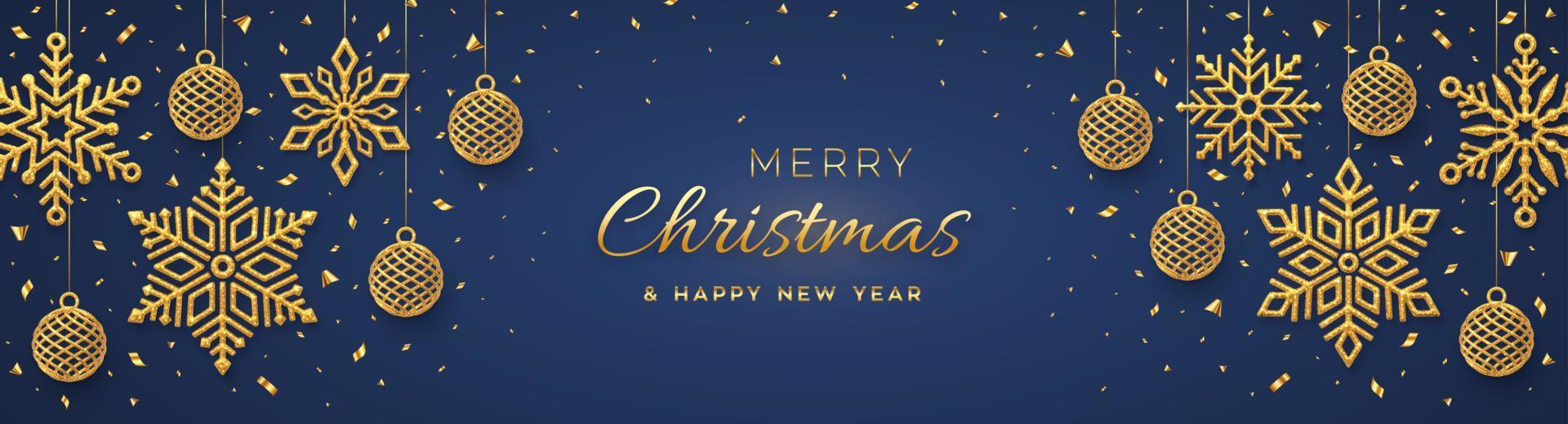 Christmas blue background with hanging shining golden snowflakes and balls. Merry christmas greeting card. Holiday Xmas and New Year poster, web banner. Vector Illustration.